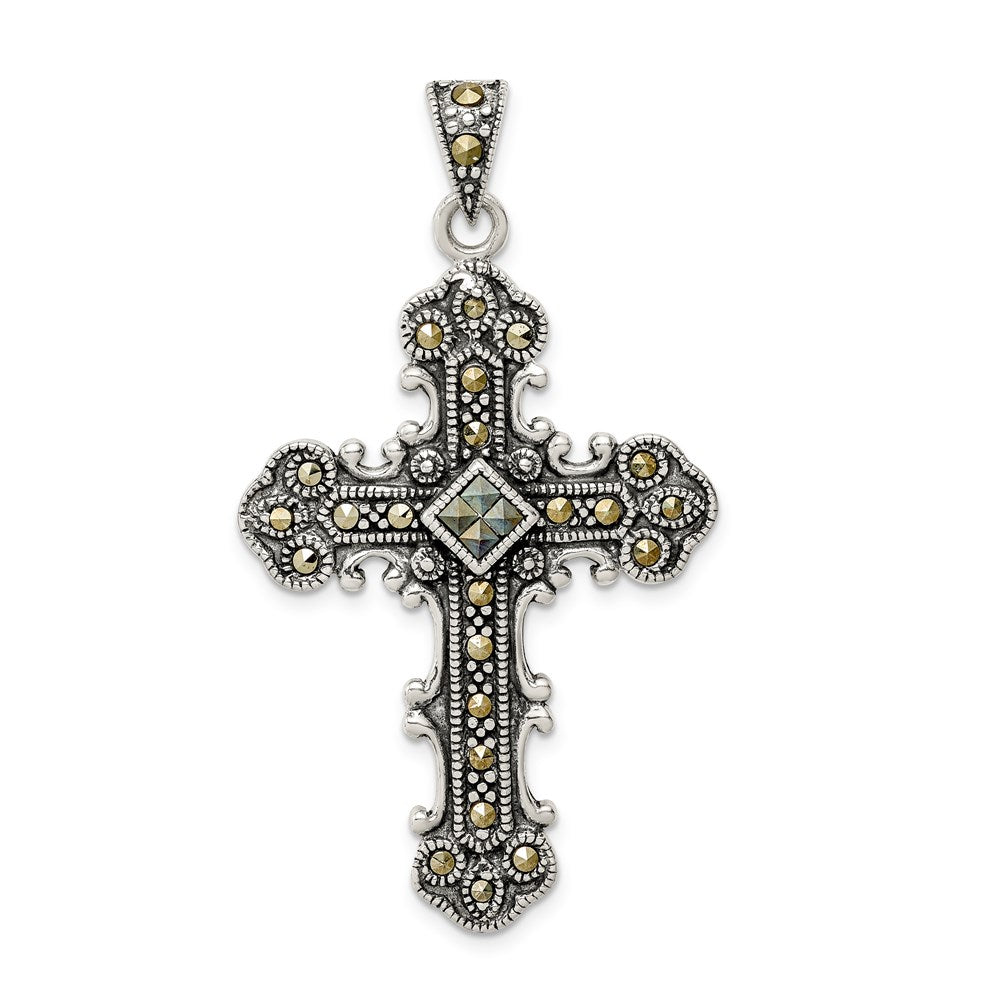 Sterling Silver Antiqued Marcasite Cross Pendant QC5281