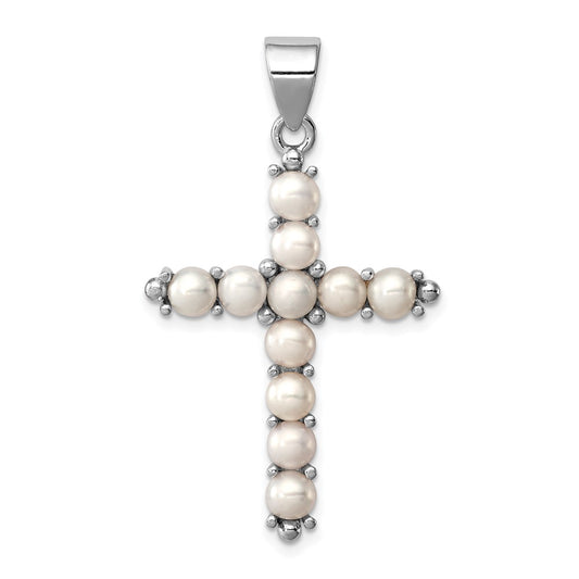 Sterling Silver Rhodium-platedFW Cultured Pearl Cross Pendant QC5297