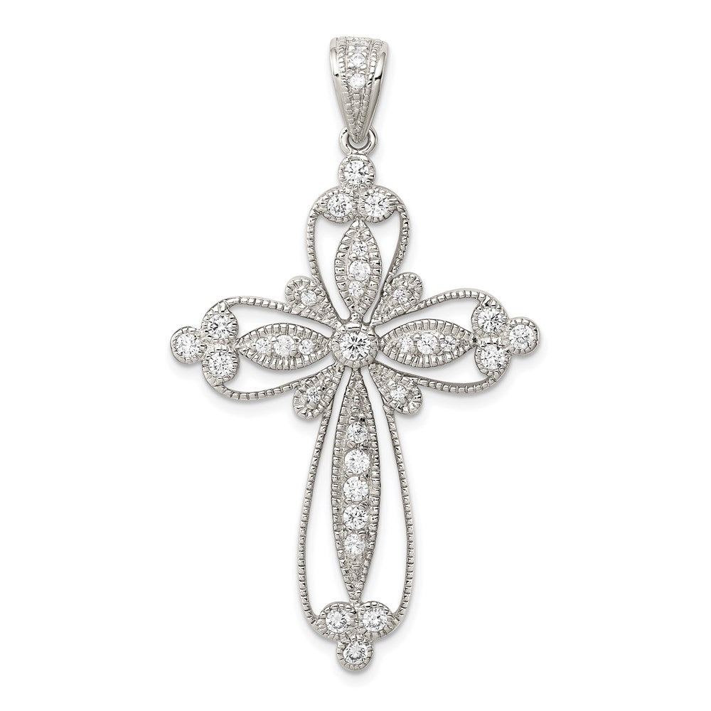 Sterling Silver Rhodium-plated CZ Filigree Cross Pendant QC5304
