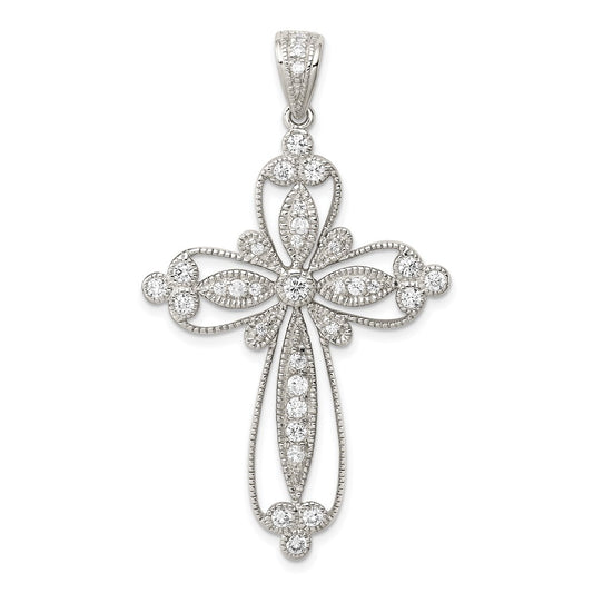 Sterling Silver Rhodium-plated CZ Filigree Cross Pendant QC5304