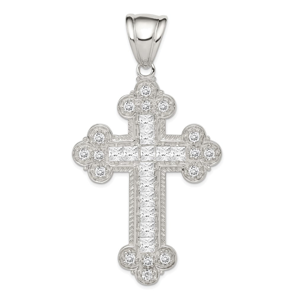 Sterling Silver Rhodium-plated CZ Budded Cross Pendant QC5329