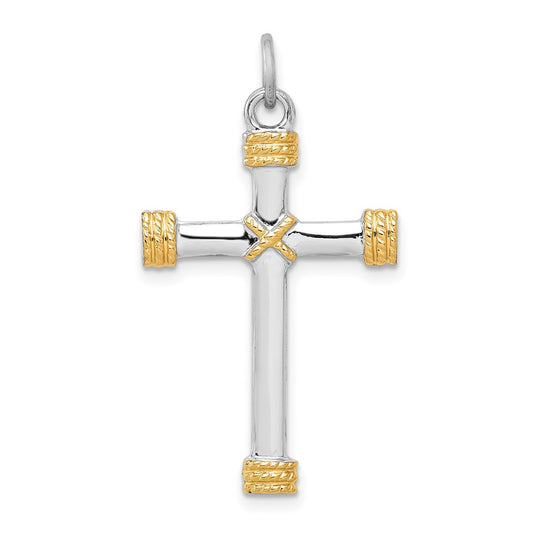 Sterling Silver Rhodium-plated & 18k Gold-plated Rope Cross Pendant QC5386