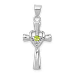 Sterling Silver Rhodium-platedPeridot Heart Cross Pendant QC5391
