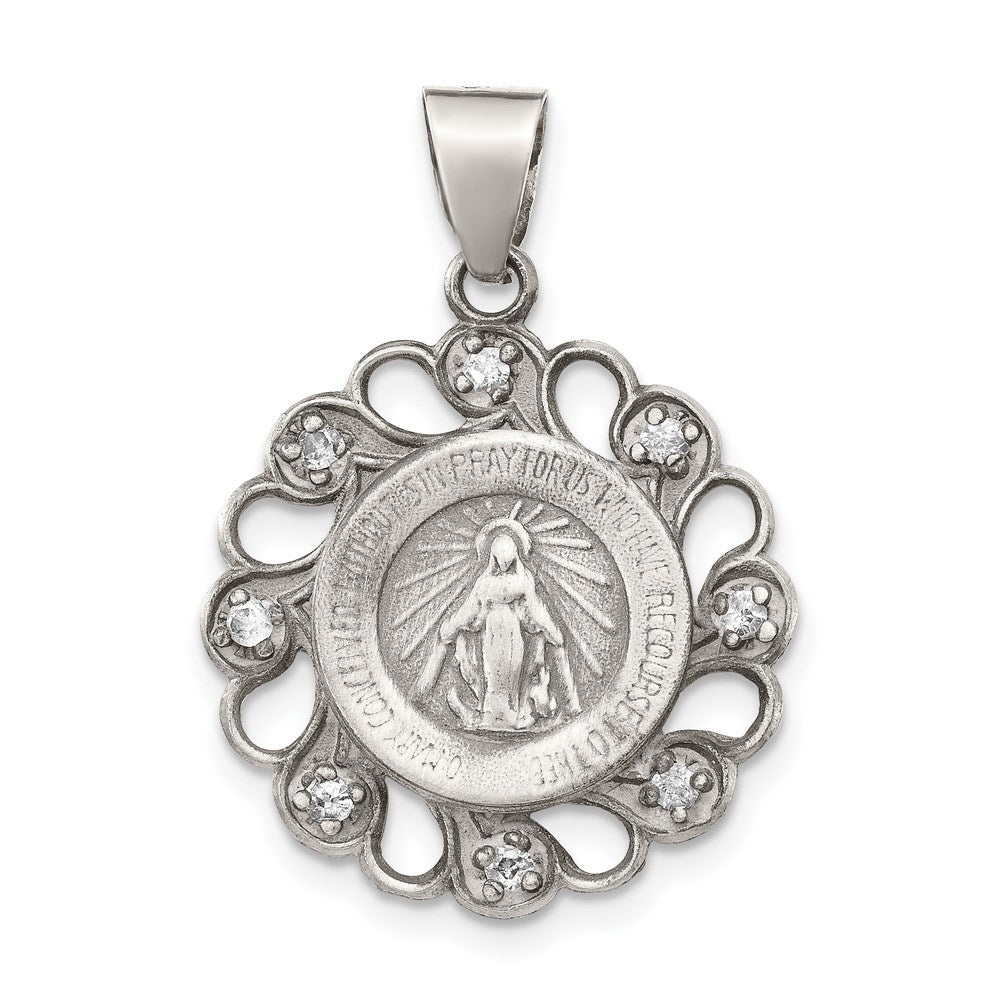 Sterling Silver & CZ Antiqued Blessed Mother Pendant QC5592