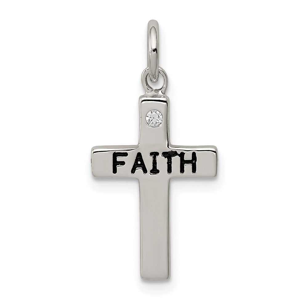 Sterling Silver Rhodium-plated Black Ink FAITH and CZ Antiqued Cross Charm QC5830