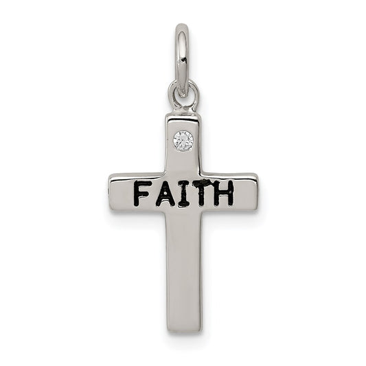 Sterling Silver Rhodium-plated Black Ink FAITH and CZ Antiqued Cross Charm QC5830