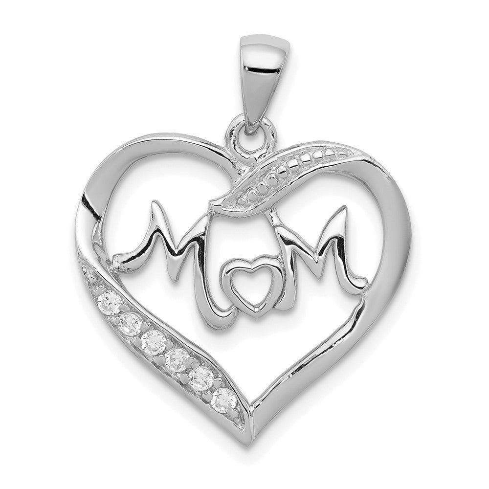 Sterling Silver Rhodium-plated MOM CZ Heart Pendant QC5990
