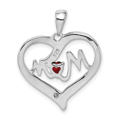Sterling Silver Rhodium-Plated Red CZ Heart & White CZ Mom Heart Pendant QC5992