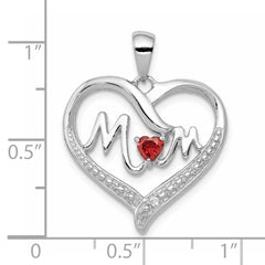 Sterling Silver Rhodium-Plated Red CZ Heart & White CZ Mom Heart Pendant QC5992