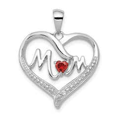 Sterling Silver Rhodium-Plated Red CZ Heart & White CZ Mom Heart Pendant QC5992