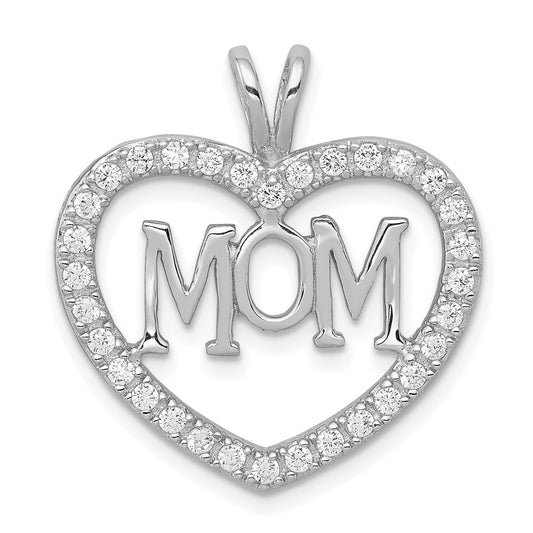 Sterling Silver Rhodium-plated CZ Open Heart MOM Pendant QC5994