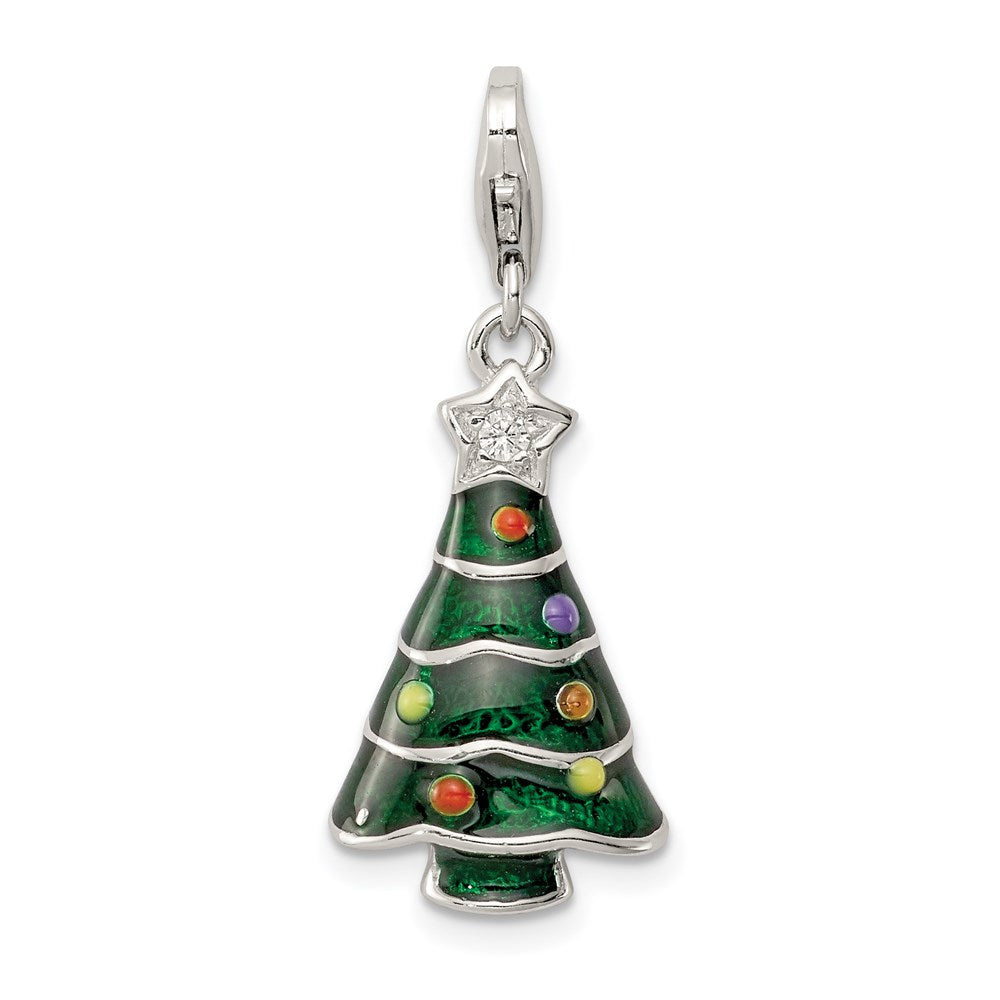 Sterling Silver RH-plated CZ & Enameled Christmas Tree Charm QC6066