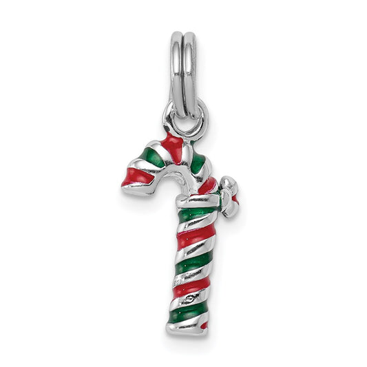 Sterling Silver Rhodium-plated Enamel Candy Cane Charm QC6073