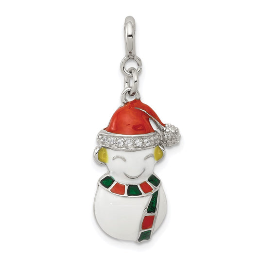 Sterling Silver Rhodium-plated CZ Enameled Snowman Charm QC6080