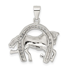 Sterling Silver Rhodium-plated Horse & Horseshoe CZ Pendant QC6111