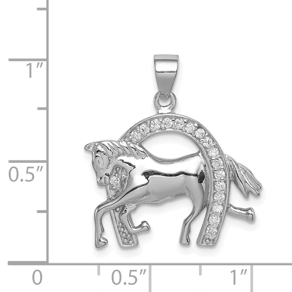 Sterling Silver Rhodium-plated Horse & Horseshoe CZ Pendant QC6111