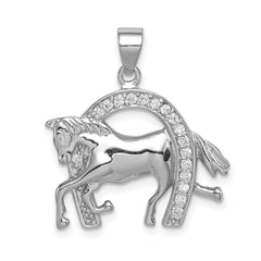 Sterling Silver Rhodium-plated Horse & Horseshoe CZ Pendant QC6111