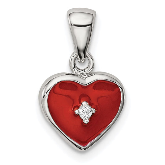 Sterling Silver Rhodium Plated Red Enamel with CZ Heart Pendant QC6184