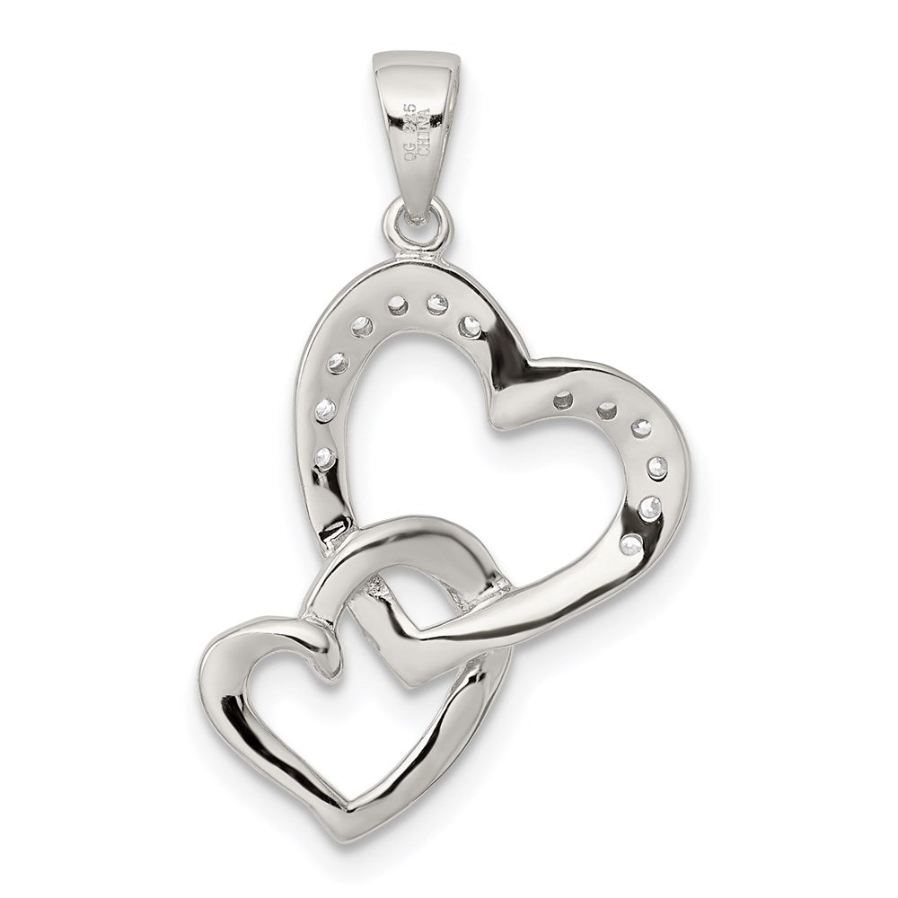 Sterling Silver Rhodium-plated Polished Heart and CZ Double Heart Interconnected Pendant QC6198