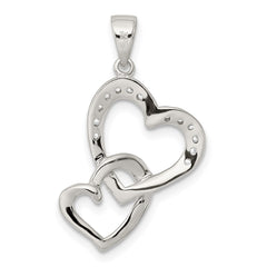 Sterling Silver Rhodium-plated Polished Heart and CZ Double Heart Interconnected Pendant QC6198