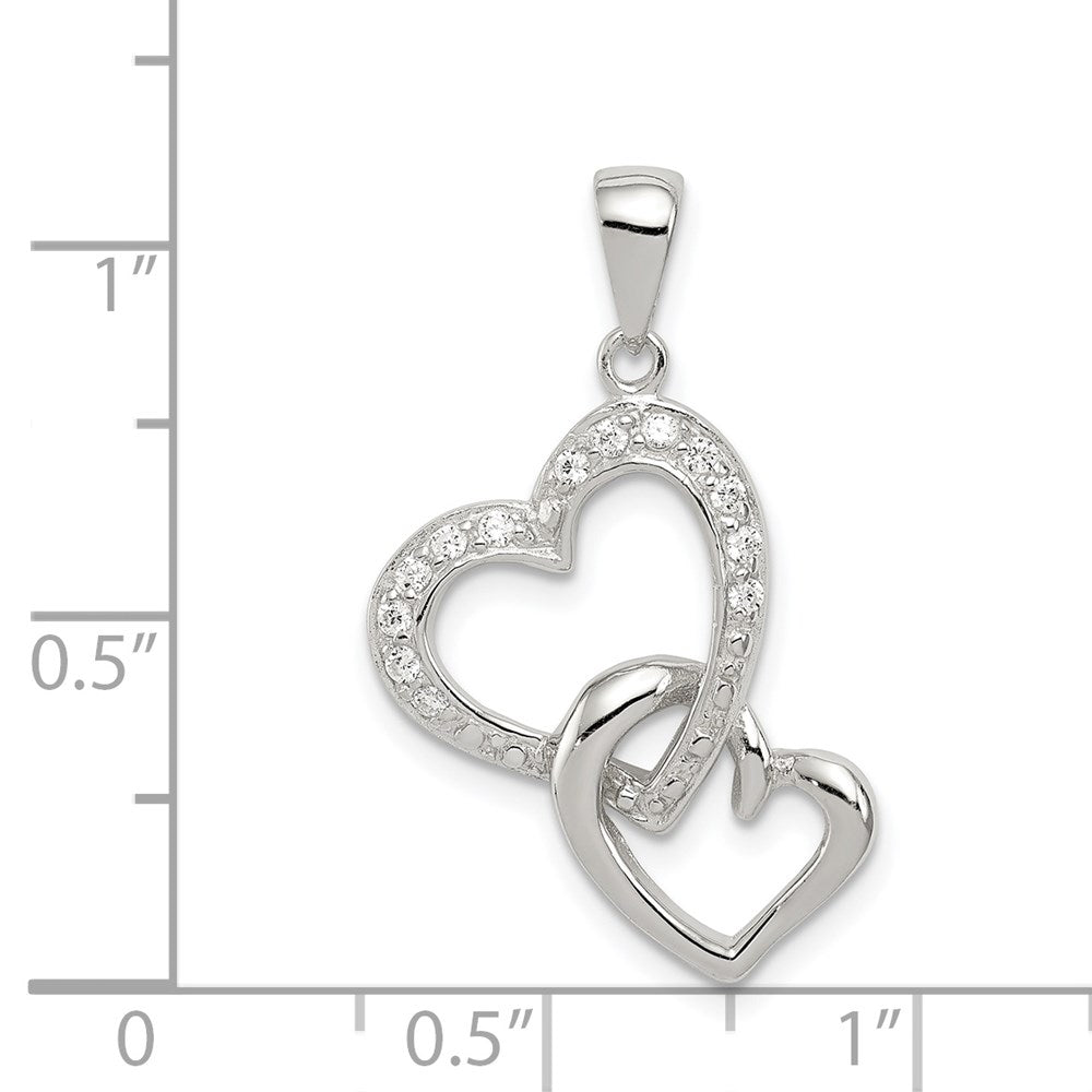 Sterling Silver Rhodium-plated Polished Heart and CZ Double Heart Interconnected Pendant QC6198
