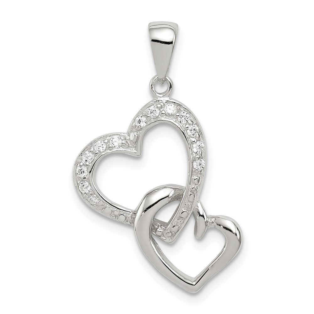 Sterling Silver Rhodium-plated Polished Heart and CZ Double Heart Interconnected Pendant QC6198
