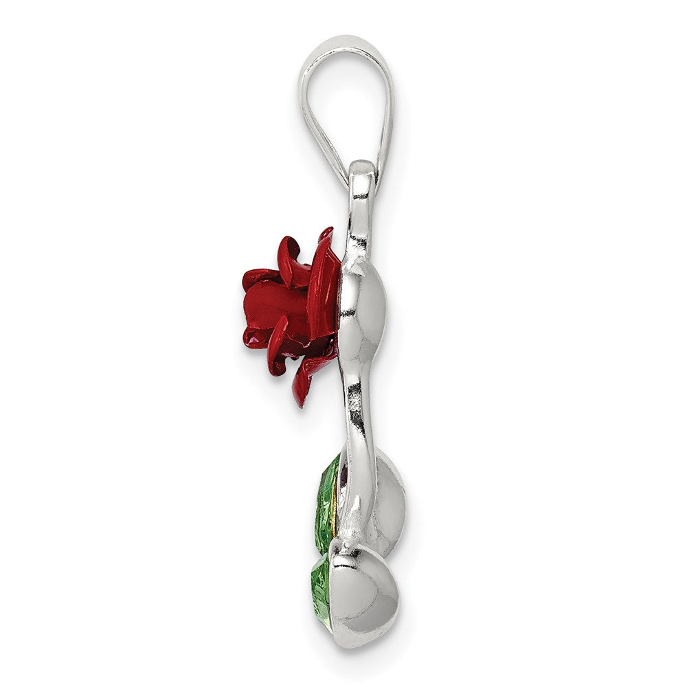 Sterling Silver Red Enamel w/Green CZ Rose Charm QC6206
