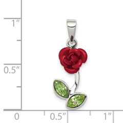 Sterling Silver Red Enamel w/Green CZ Rose Charm QC6206