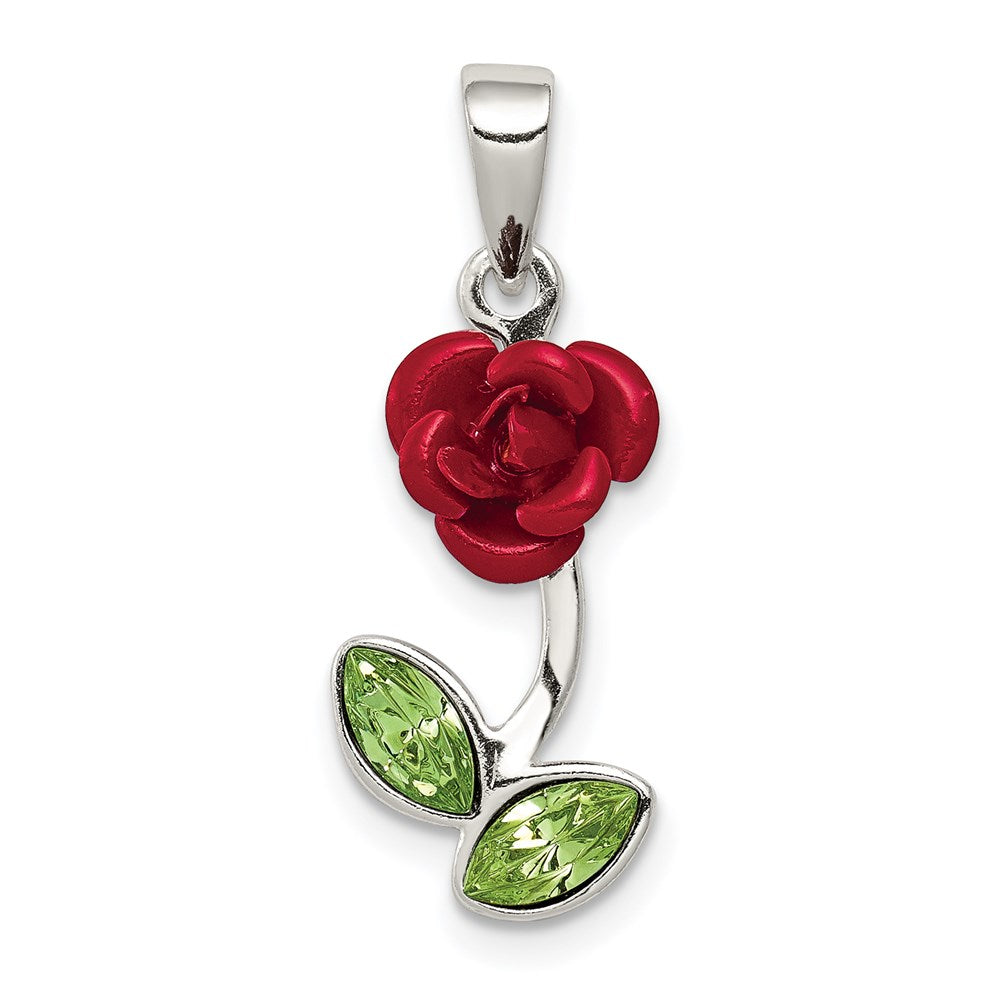 Sterling Silver Red Enamel w/Green CZ Rose Charm QC6206