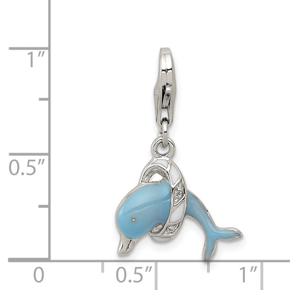 Sterling Silver Rhodium-plated Enameled Dolphin with Lobster Clasp Charm QC6226