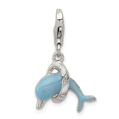 Sterling Silver Rhodium-plated Enameled Dolphin with Lobster Clasp Charm QC6226
