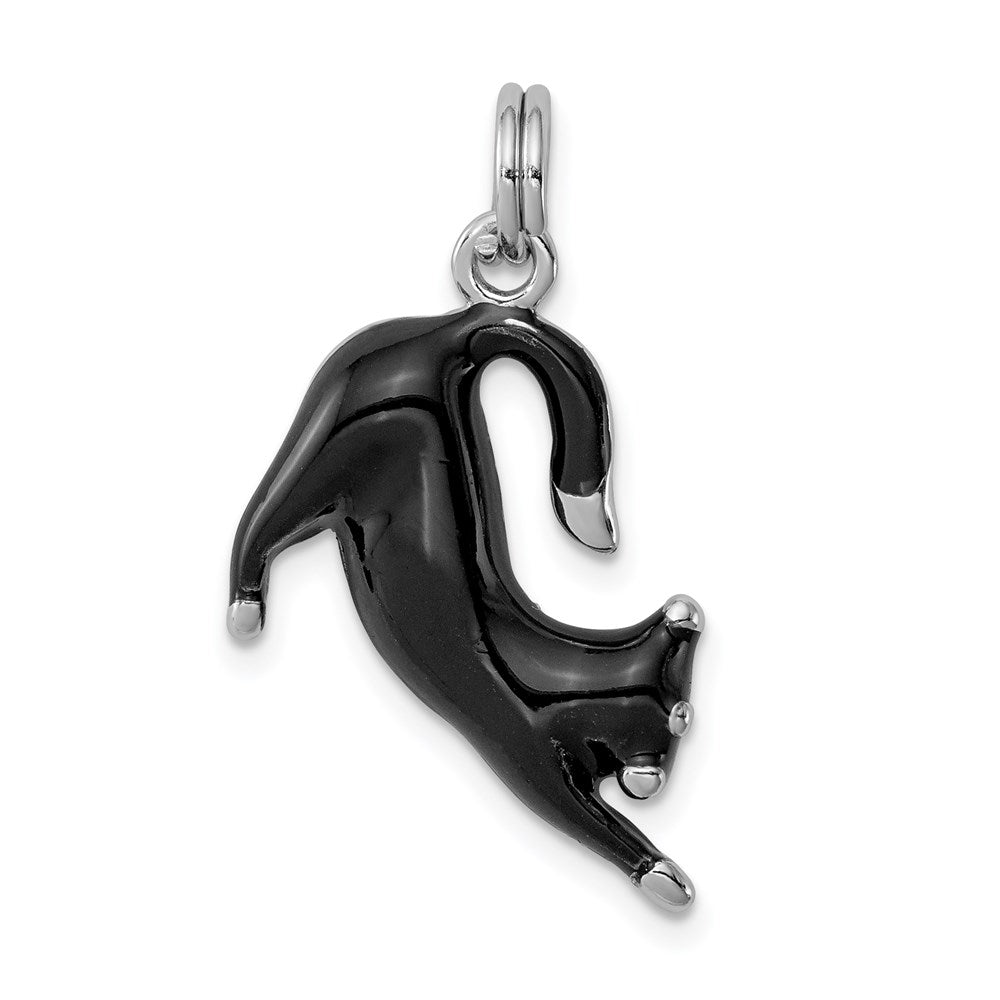 Sterling Silver Rhodium-platedBlack Enamel Cat Charm QC6243