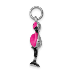 Sterling Silver Rhodium-plated Hot Pink & Black Enameled Flamingo Charm QC6246