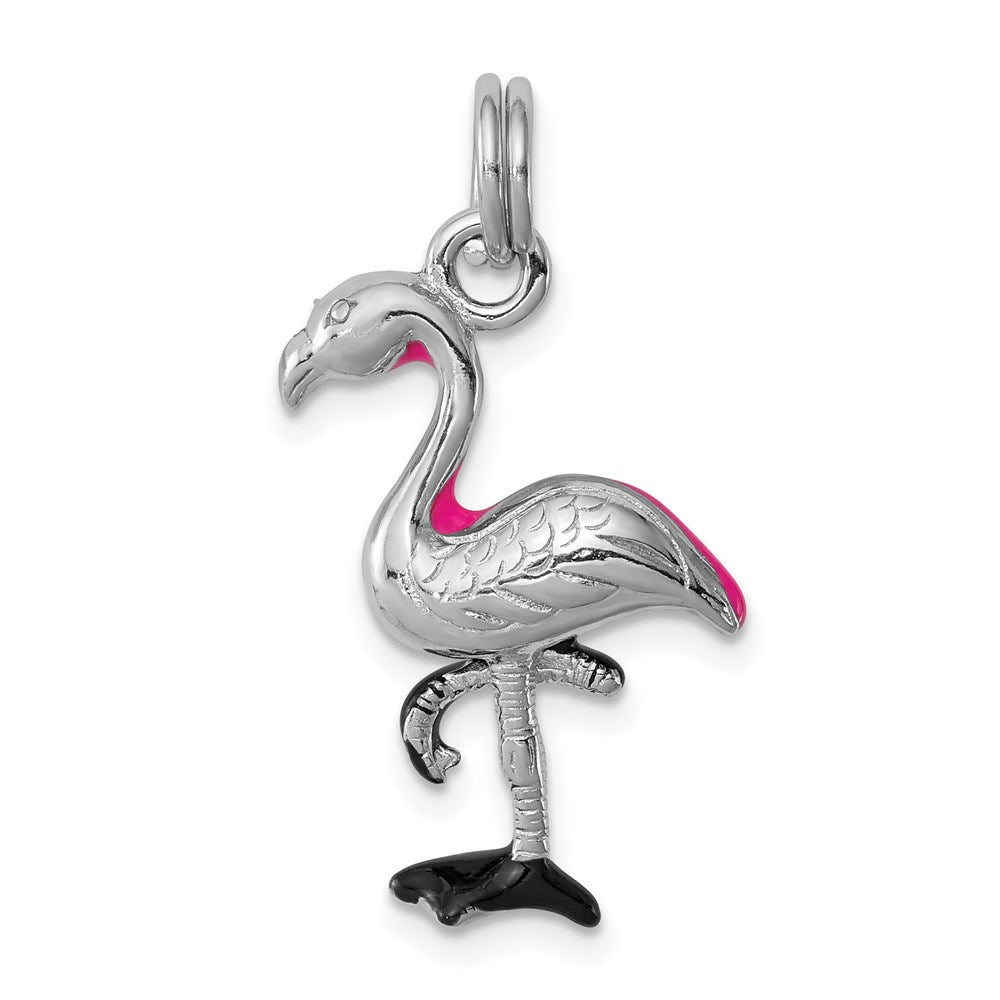 Sterling Silver Rhodium-plated Hot Pink & Black Enameled Flamingo Charm QC6246