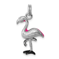Sterling Silver Rhodium-plated Hot Pink & Black Enameled Flamingo Charm QC6246