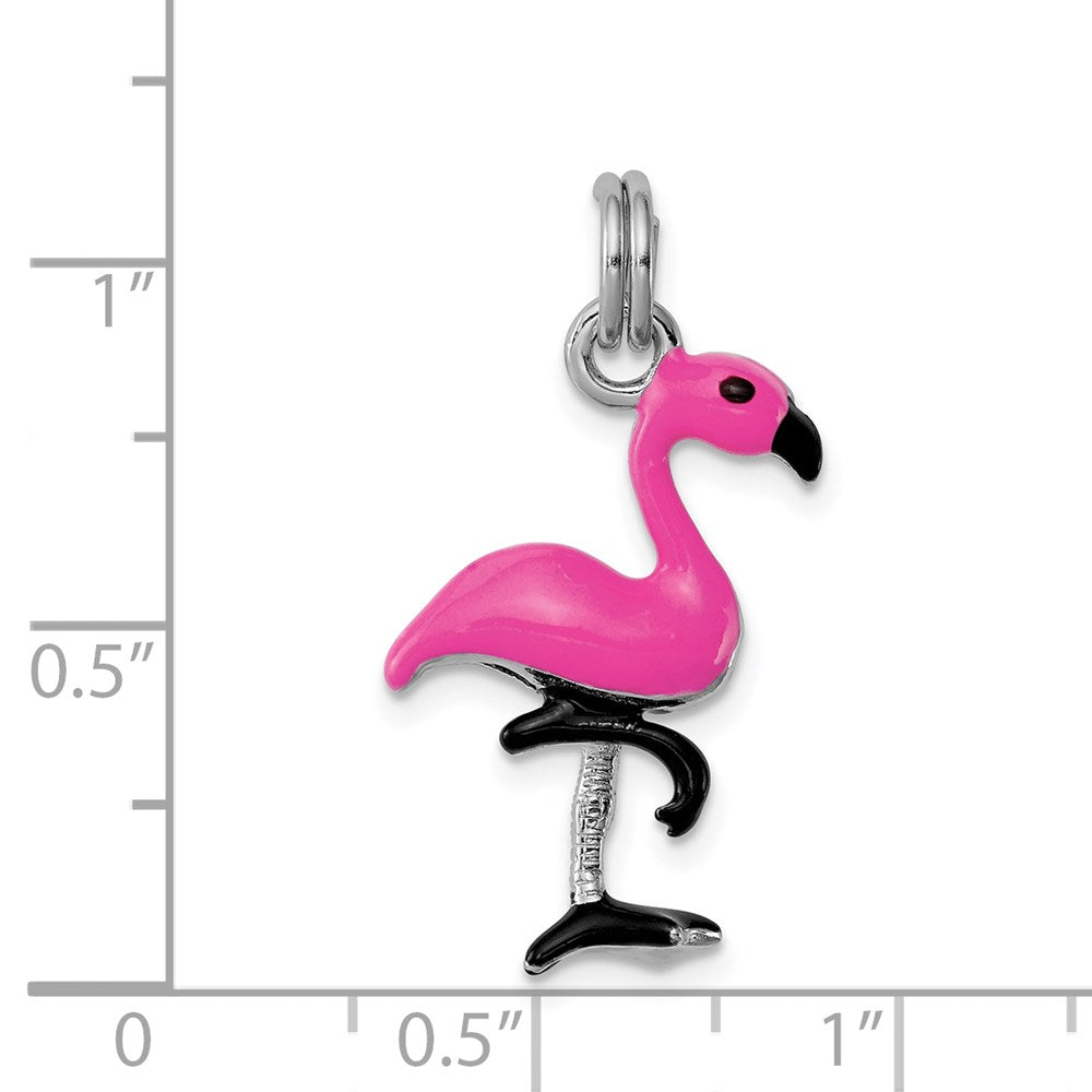 Sterling Silver Rhodium-plated Hot Pink & Black Enameled Flamingo Charm QC6246