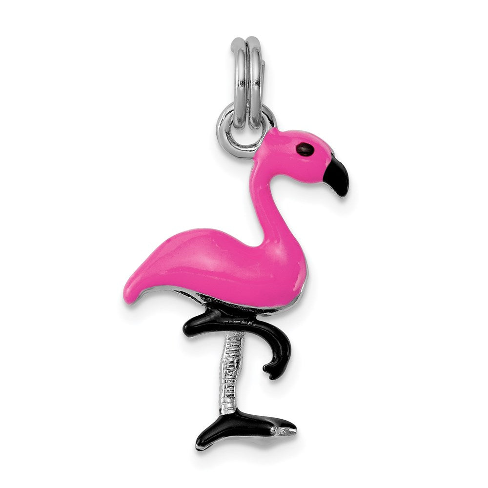 Sterling Silver Rhodium-plated Hot Pink & Black Enameled Flamingo Charm QC6246