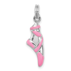 Sterling Silver Rhodium-platedPink Enamel Ballet Slipper Charm QC6475