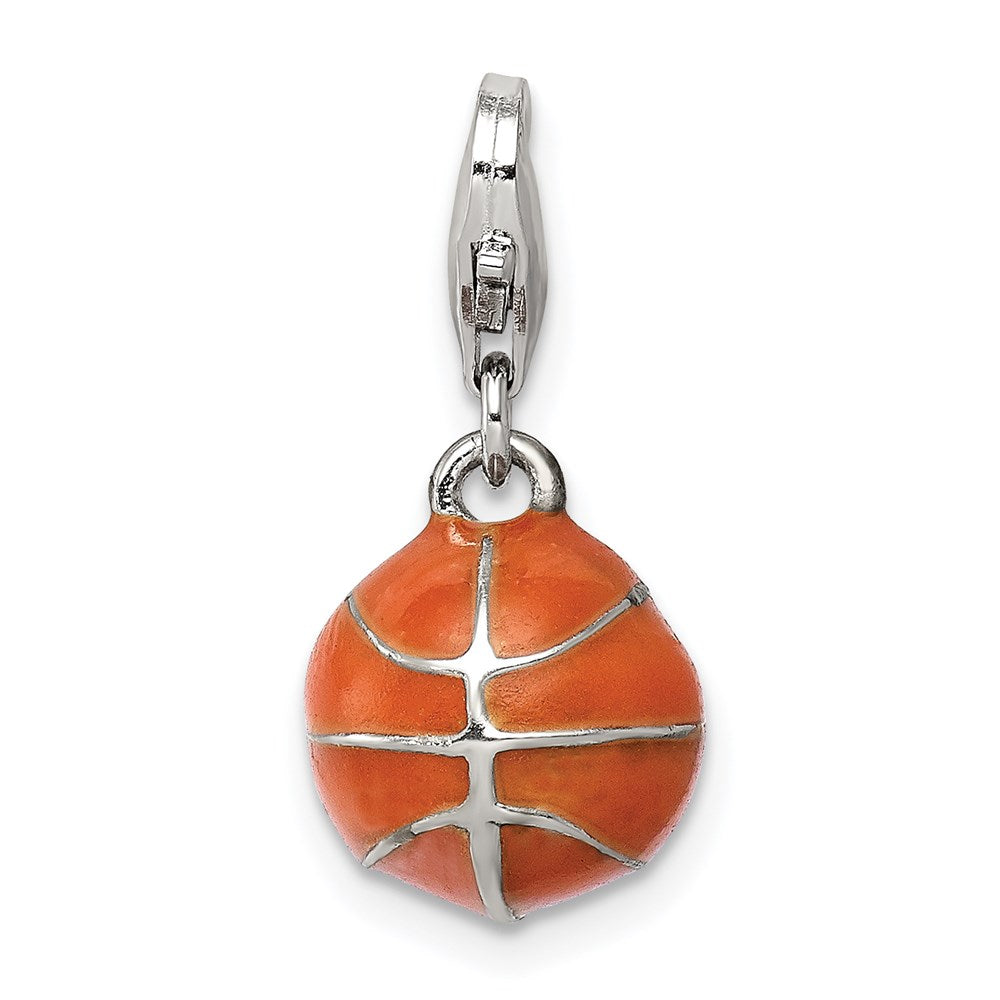 Sterling Silver Rhodium-plated 3D Enameled Basketball Charm QC6481