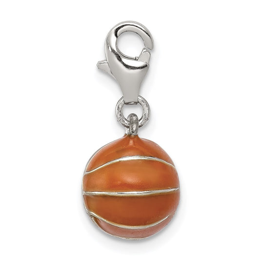 Sterling Silver Rhodium-plated 3D Enameled Basketball Charm QC6481