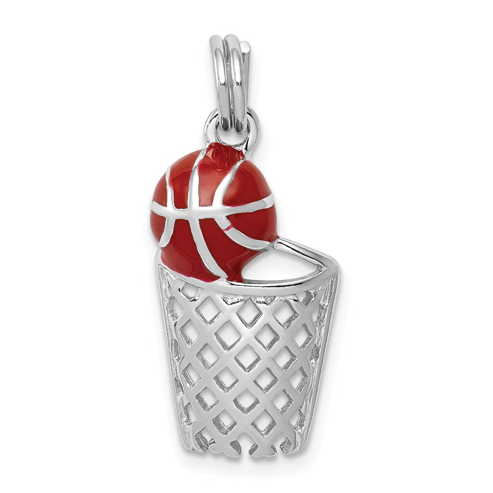 Sterling Silver Rhodium-platedEnamel Basketball & Hoop Charm QC6493