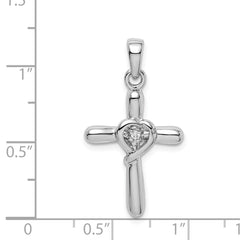 Sterling Silver Rhodium-plated White CZ Heart Cross Pendant QC6683