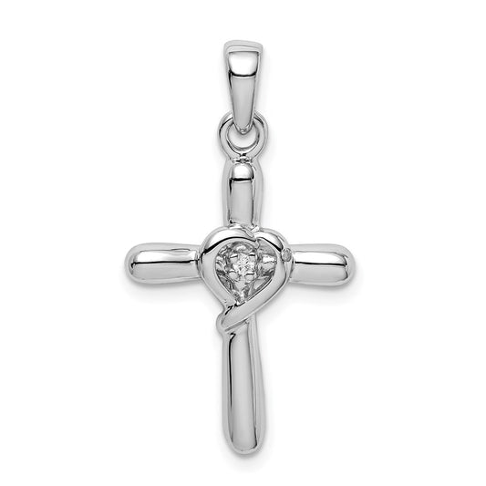 Sterling Silver Rhodium-plated White CZ Heart Cross Pendant QC6683