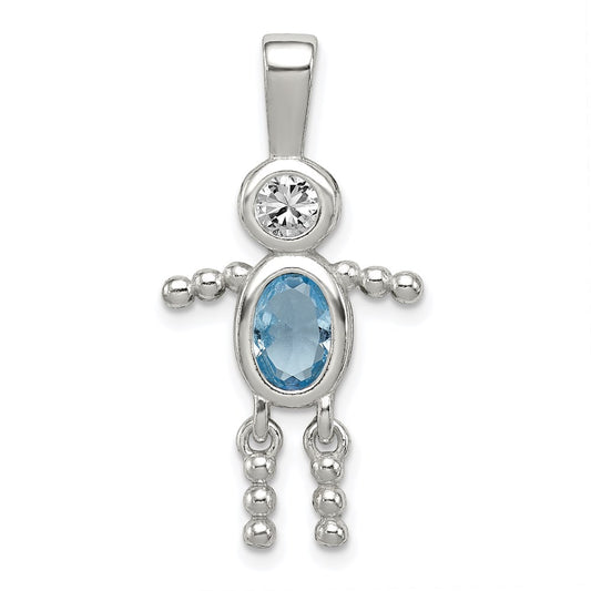 Sterling Silver Rhodium-plated CZ & March Glass Boy Pendant QC6713MAR