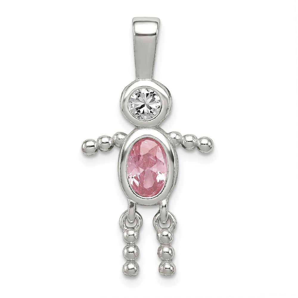 Sterling Silver Rhodium-plated CZ & October Pink CZ Boy Pendant QC6713OCT