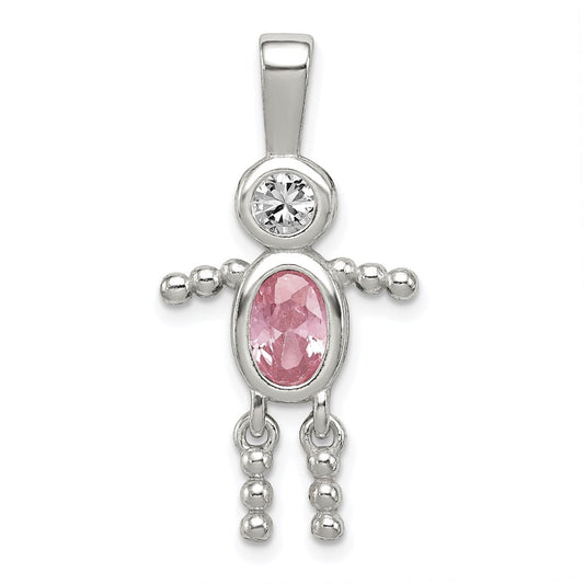 Sterling Silver Rhodium-plated CZ & October Pink CZ Boy Pendant QC6713OCT