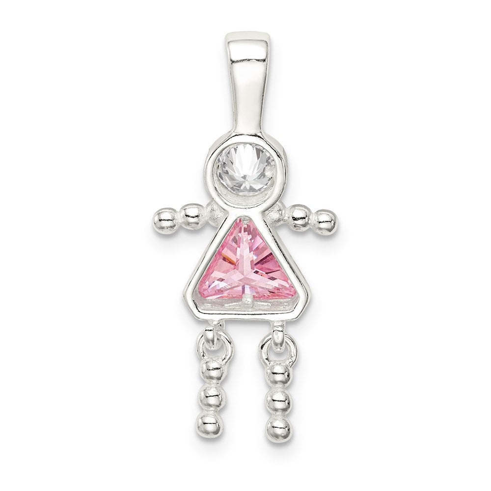 Sterling Silver Rhodium-plated CZ & October Pink CZ Girl Pendant QC6714OCT
