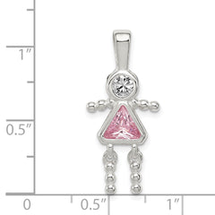 Sterling Silver Rhodium-plated CZ & October Pink CZ Girl Pendant QC6714OCT