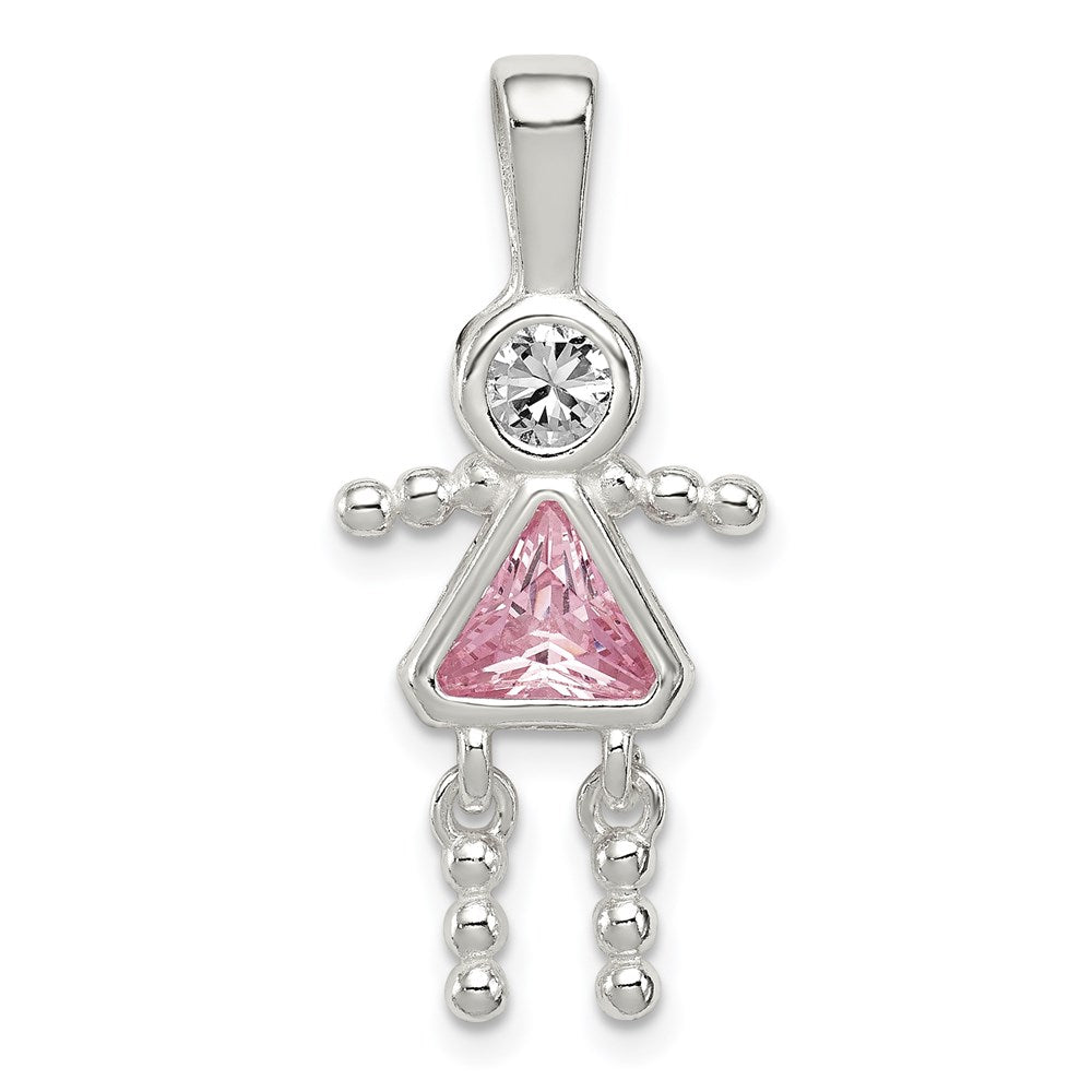 Sterling Silver Rhodium-plated CZ & October Pink CZ Girl Pendant QC6714OCT