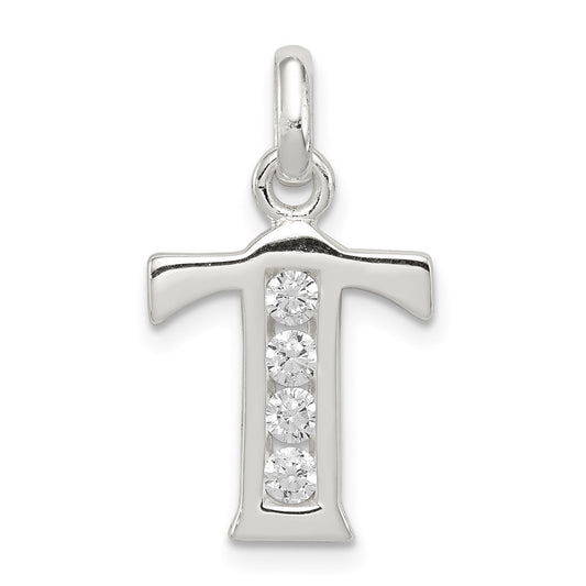 Sterling Silver White CZ Letter T Initial Pendant QC6716T